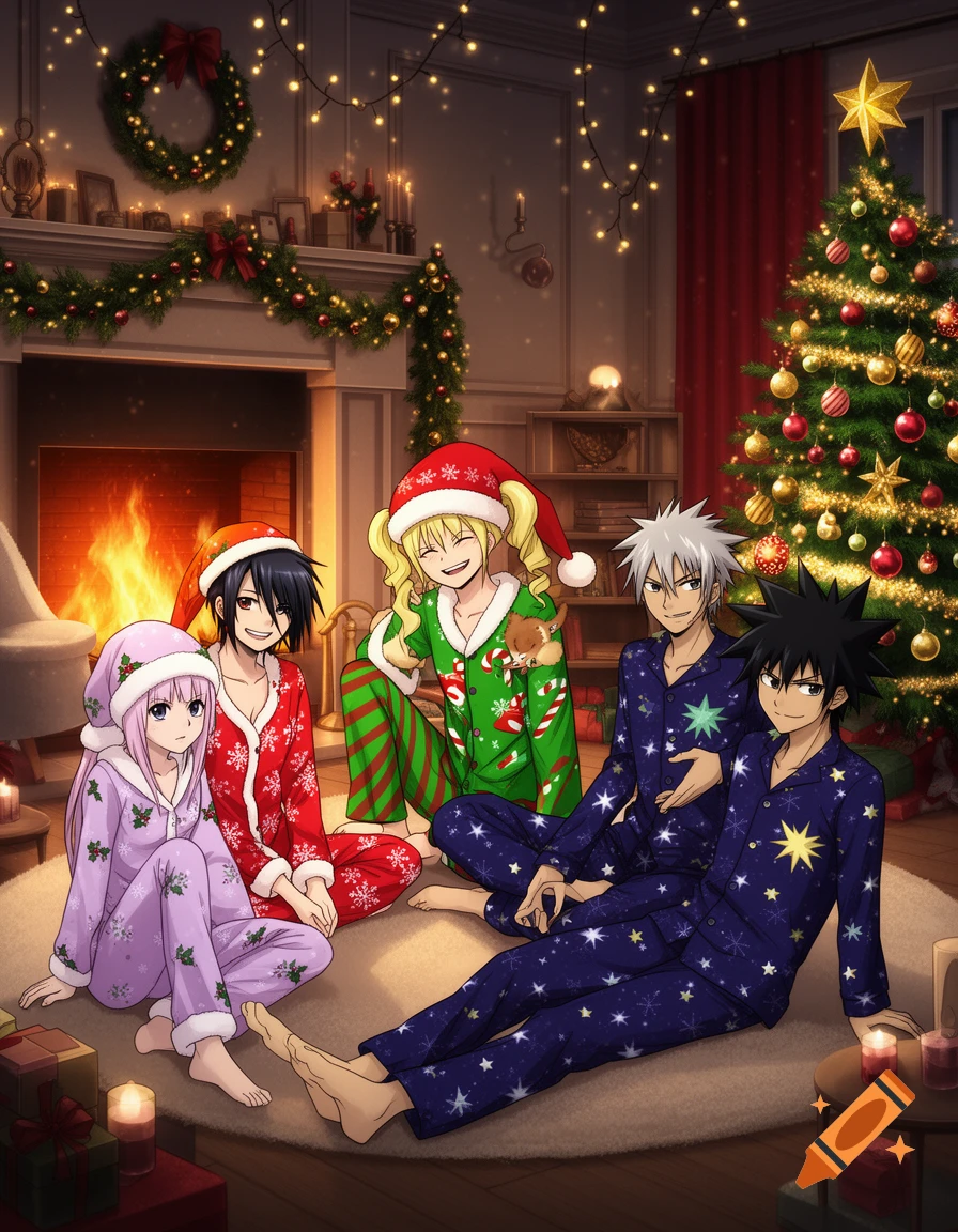 Five anime characters in colorful Christmas pajamas sit on a rug in a festive living room with a fireplace and decorated Christmas tree.
