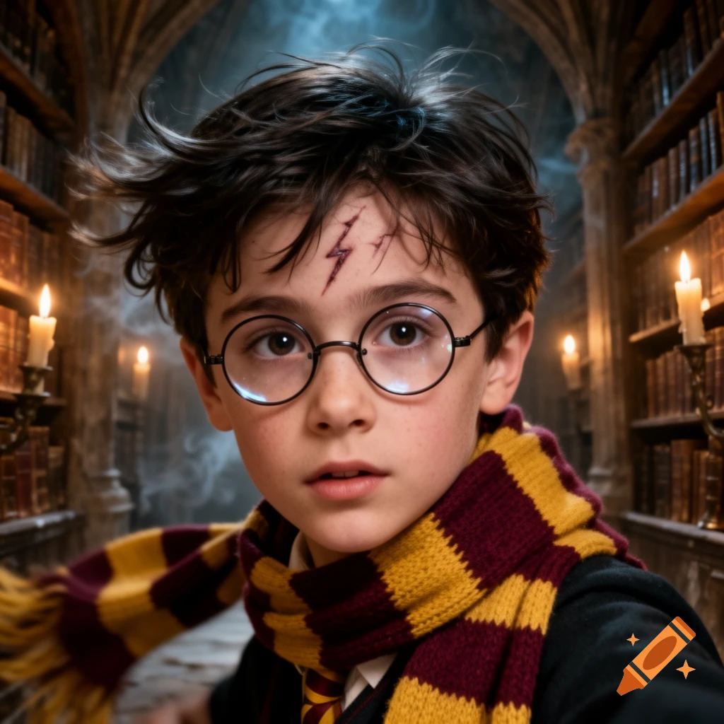 Close-up of a young boy with dark messy hair, round glasses, and a lightning scar on his forehead, wearing a striped scarf, in a candlelit library.