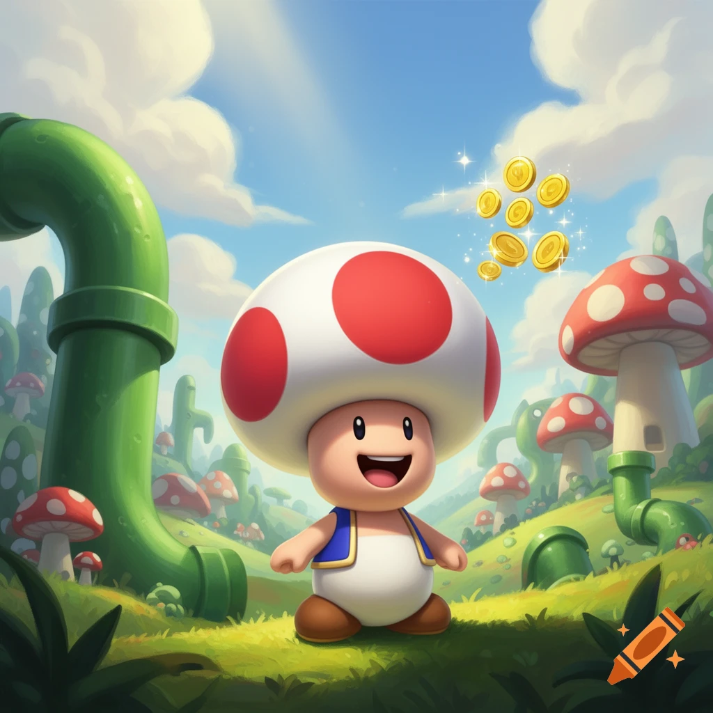 Cartoon Toad from Super Mario stands in a vibrant mushroom landscape with green pipes and floating golden coins.