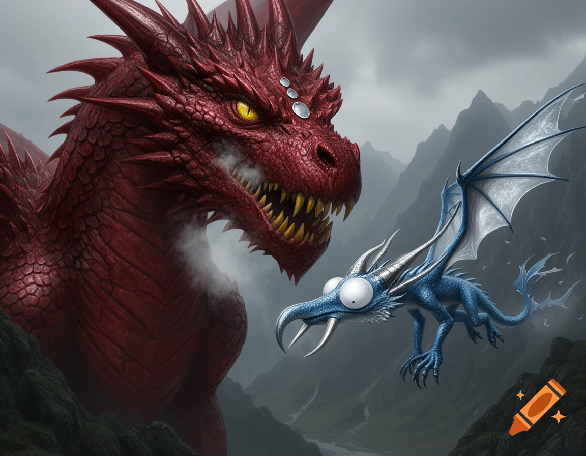 Giant red dragon steams, facing a smaller blue dragon with bulging eyes and silver horns amidst stormy mountains.