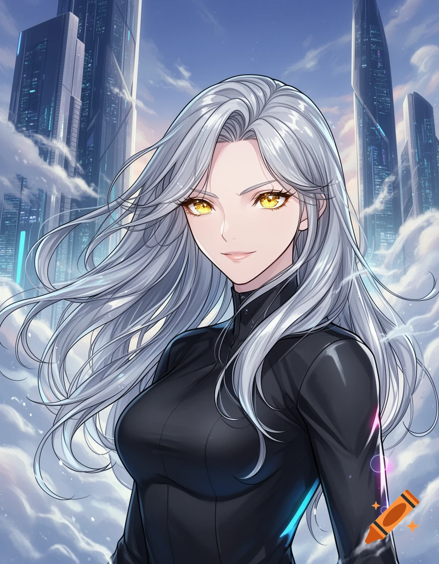 An anime-style woman with silver hair and yellow eyes, wearing a black top, standing among clouds with futuristic skyscrapers.