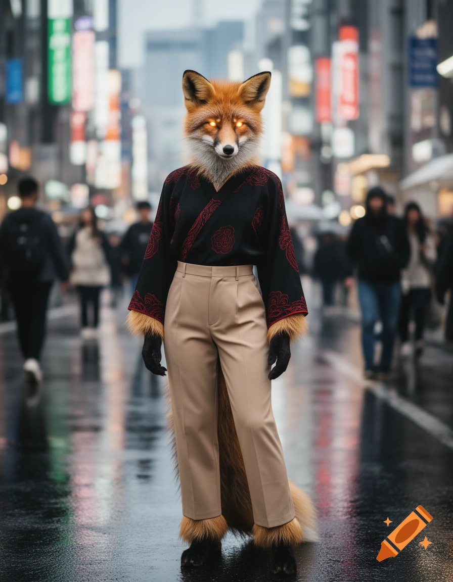 A kitsune spirit in a black top with red patterns and beige trousers stands on a wet city street.
