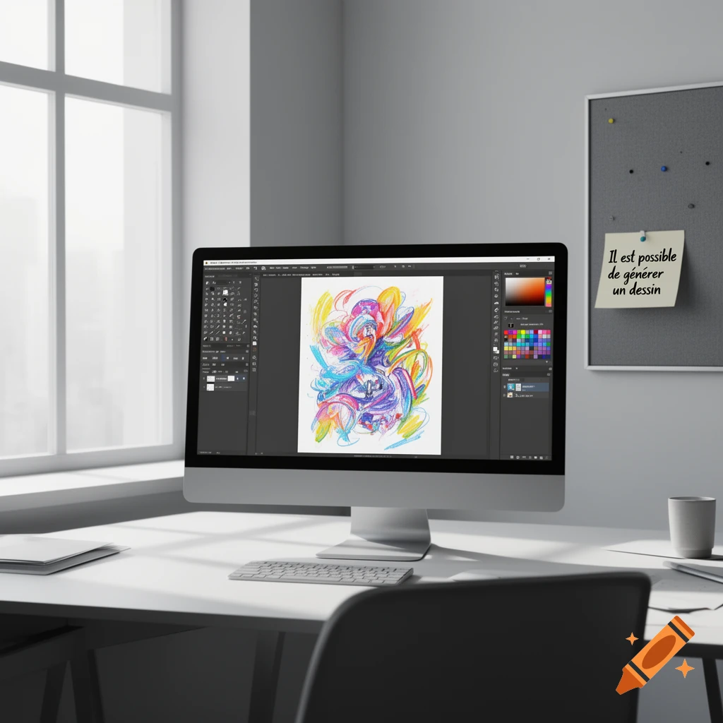 A computer on a desk displays colorful abstract art, with a sticky note on a bulletin board in an office setting.