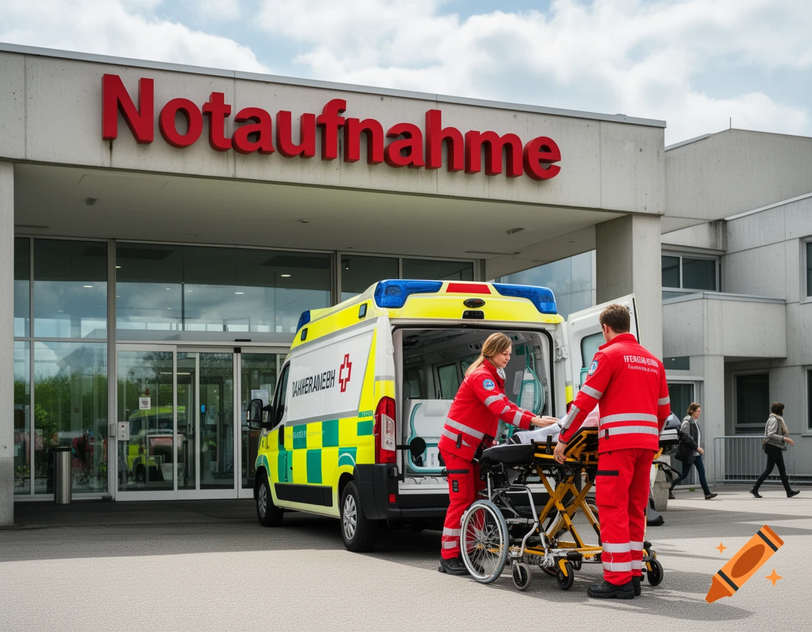 A photorealistic image of an ambulance with its back doors open, parked in front of a hospital entrance with "Notaufnahme" on a red sign. Two paramedics in red uniforms are next to a stretcher and wheelchair.