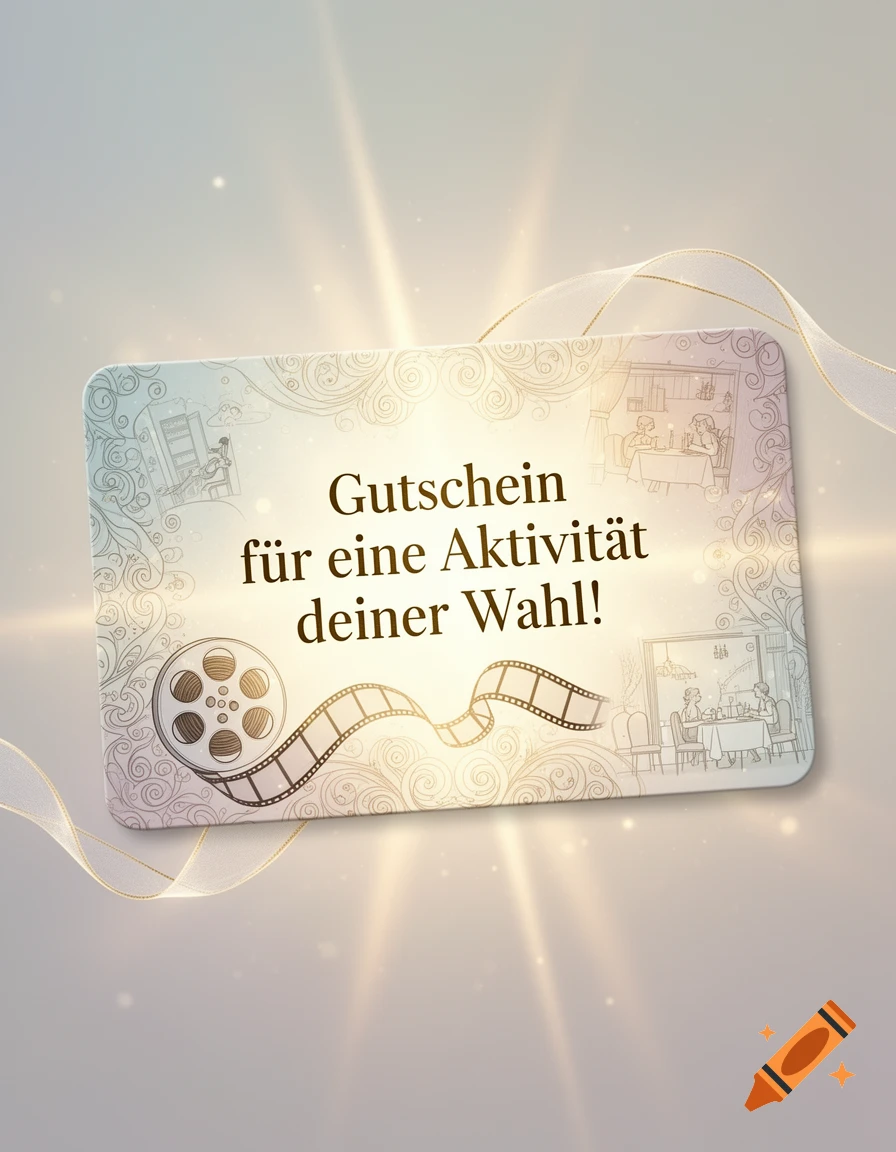 A gift voucher titled 'Gutschein für eine Aktivität deiner Wahl!', featuring a film reel and restaurant illustrations, surrounded by sparkling light.