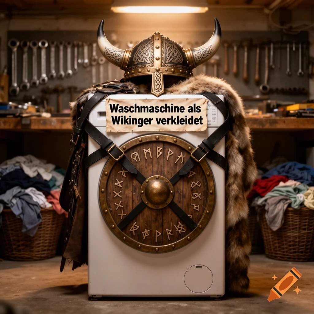 A white washing machine is comically dressed as a Viking with a horned helmet, fur cape, and a wooden shield featuring runes, standing in a messy workshop.