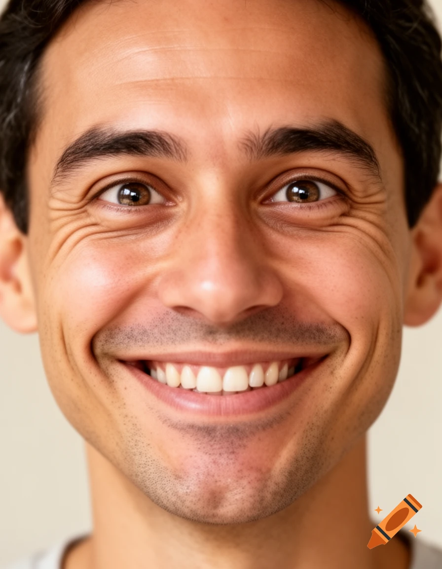 Close-up portrait of a man with dark hair, brown eyes, and a wide, genuine smile, showing wrinkles around his eyes.