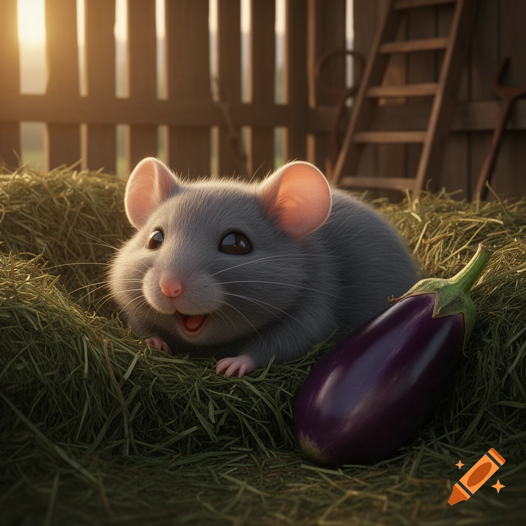 A cute, chubby grey mouse smiles happily in a hay nest next to a purple eggplant, in a sunlit barn setting.