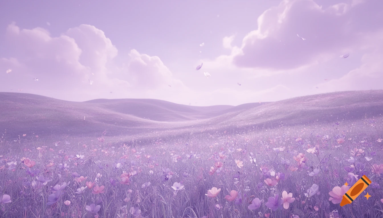 A soft, dreamy landscape with rolling purple hills and a field of lavender and pink flowers under a pastel purple sky, evoking a fantasy summer scene.