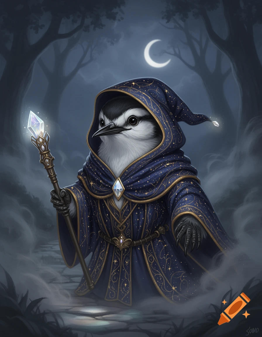 A small bird in a starry blue wizard robe and pointed hat holds a glowing crystal staff in a misty dark forest under a crescent moon.