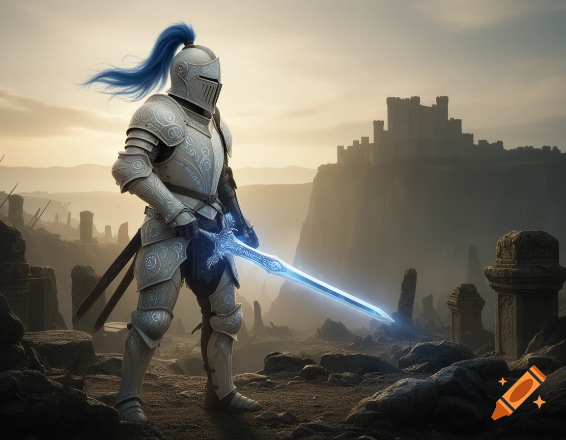 A knight in ornate white plate armor with a blue plume wields a glowing blue magical sword, standing amidst ruins with a castle in the background at sunset.