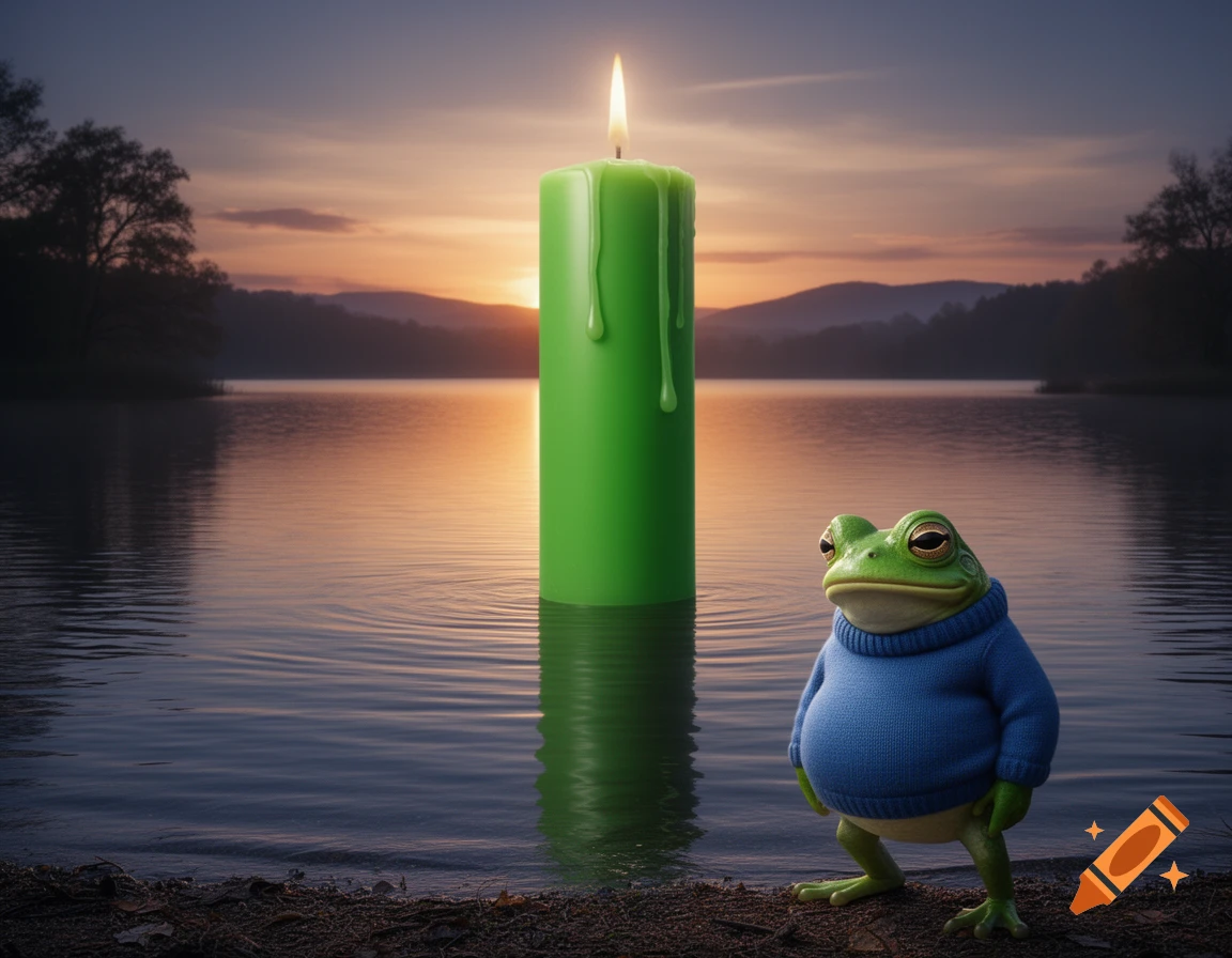 A chubby frog in a blue sweater stands on the shore, looking at a large green candle in a lake at sunset.