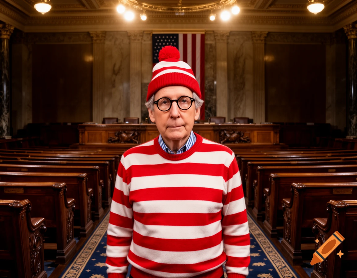 Mitch McConnell dressed as Waldo stands in an empty Senate chamber, a U.S. flag in the background.
