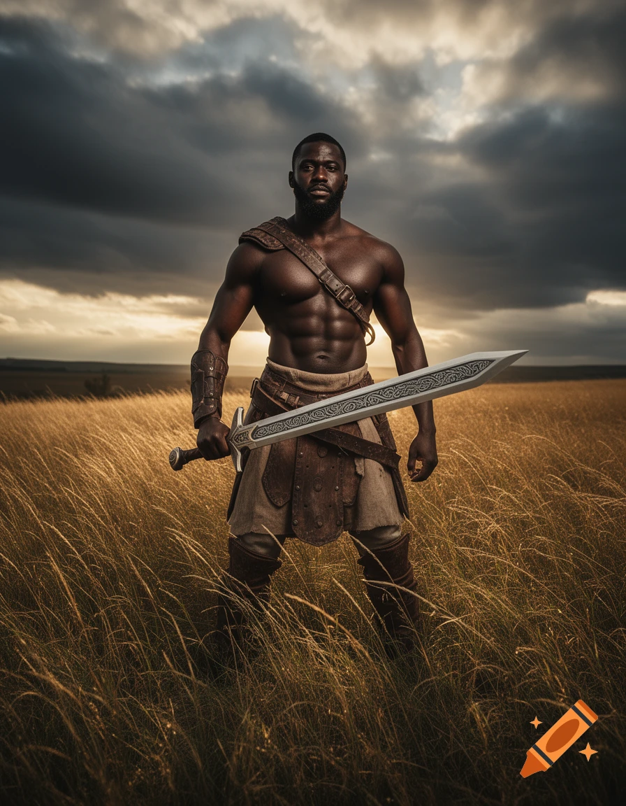 Photorealistic image of a muscular dark-skinned warrior holding a greatsword in a golden field under a stormy sky.