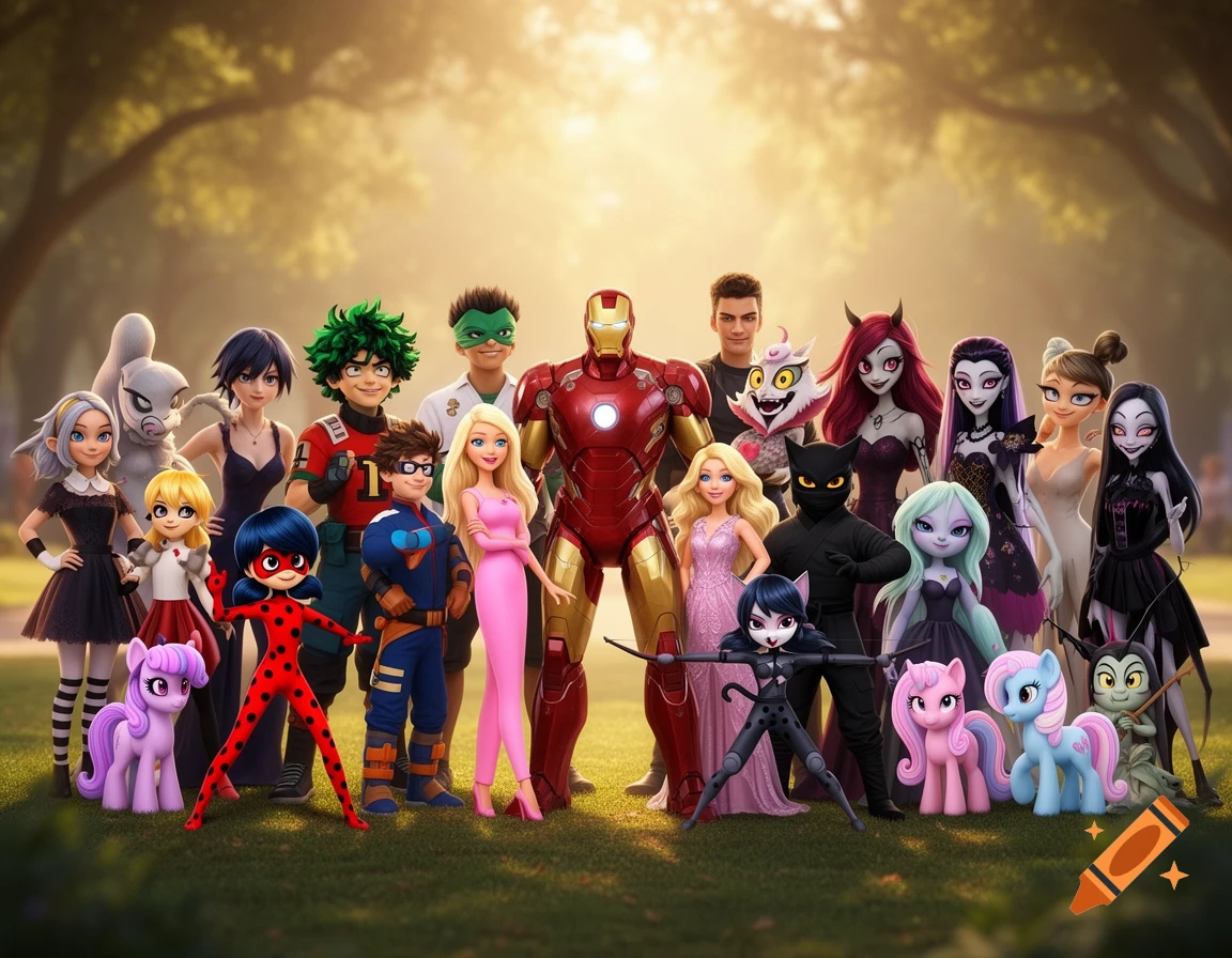 A group of animated and cartoon characters from various franchises stand together in a sunlit park, featuring Iron Man, Barbie, My Little Pony, and other heroes and monsters.