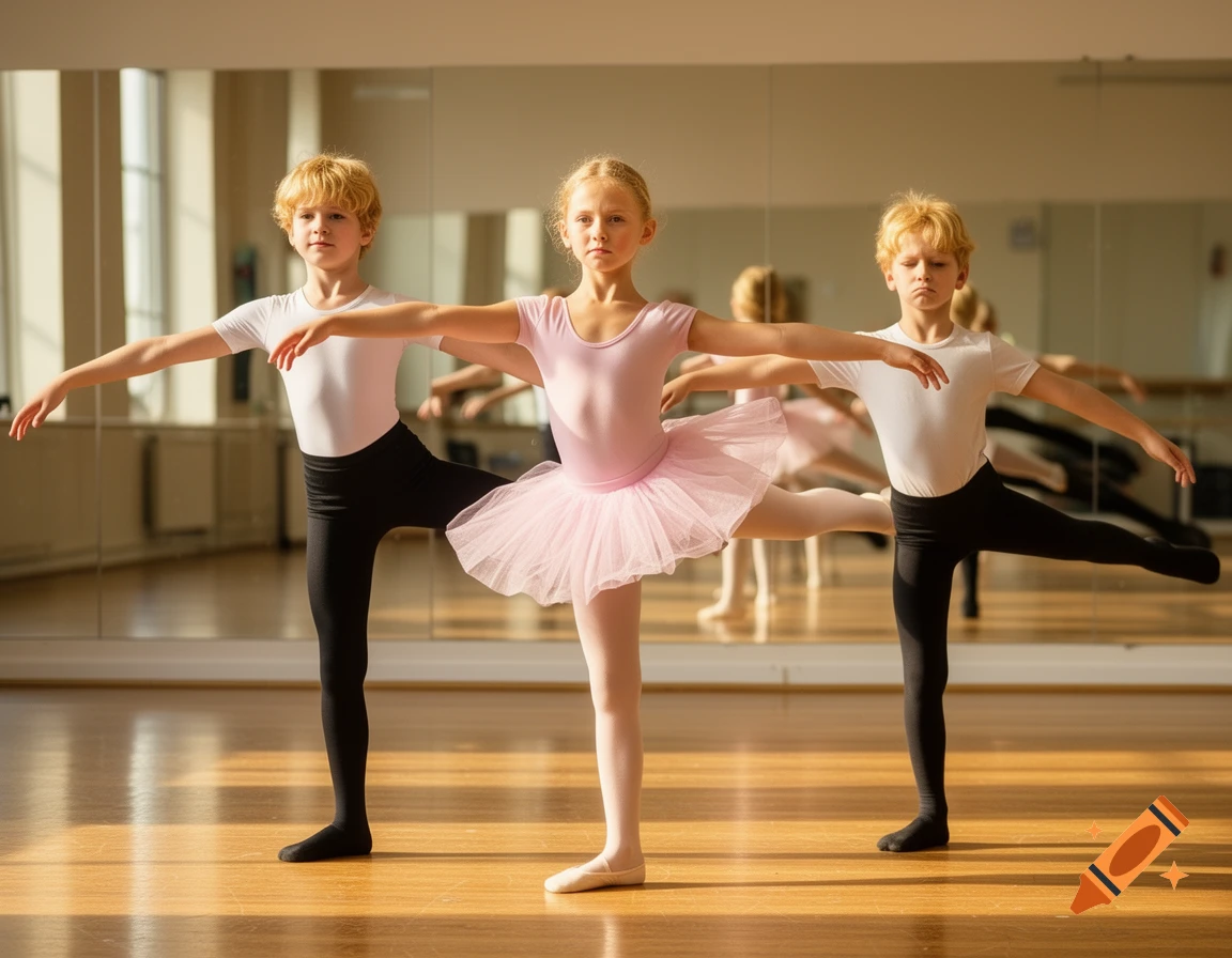 Three blonde children, one girl and two boys, perform ballet in a studio with mirrors.