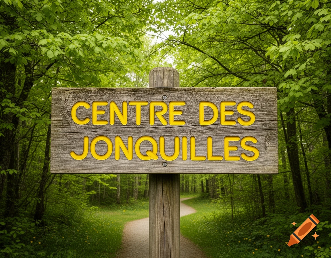 A wooden sign with "CENTRE DES JONQUILLES" in yellow letters stands on a dirt path in a lush green forest.