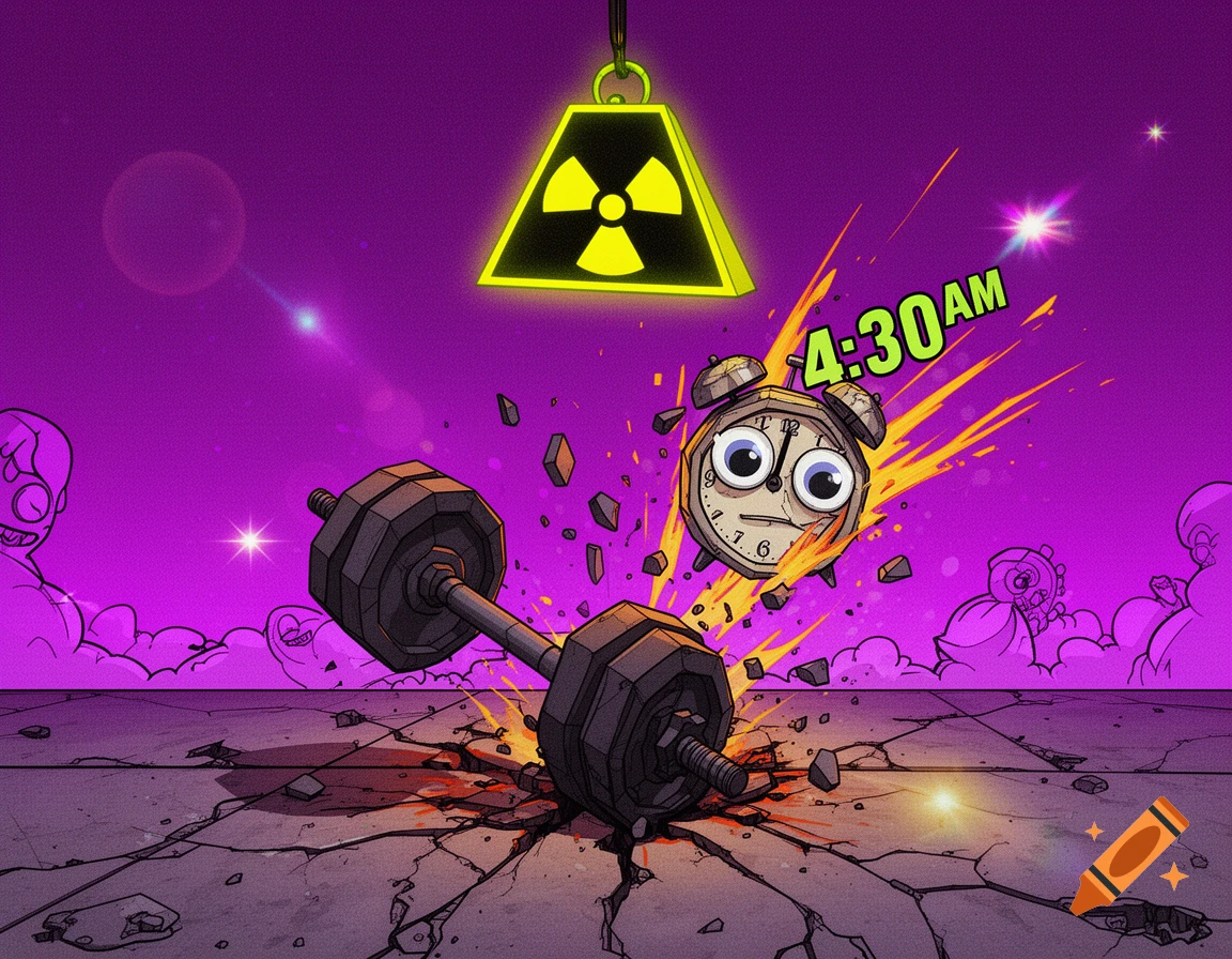 A chaotic, cartoon meme poster showing an exploding 4:30 AM alarm clock, a dumbbell smashing a cracked floor, and a glowing radiation symbol.