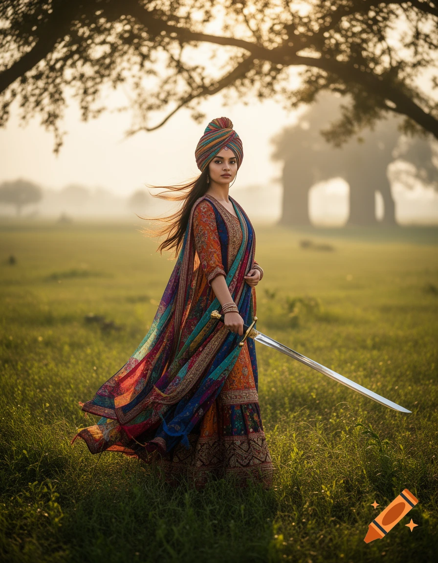 A woman in a colorful turban and traditional attire stands in a grassy field holding a sword at golden hour, photorealistic.