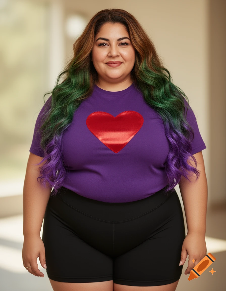 Photorealistic portrait of a plus-sized woman with brown-green hair and purple tips, wearing a purple heart t-shirt and black shorts.