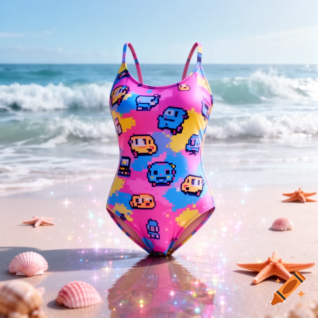 A vibrant pink swimsuit with colorful pixel art designs stands on a sparkling beach with ocean waves and seashells.