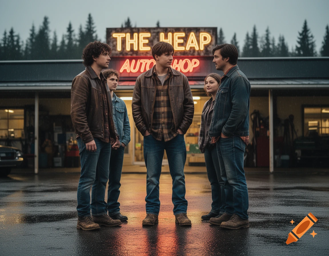 Five people stand outside a neon-lit 'The Heap Auto Shop' on a wet, overcast day in a photorealistic style.