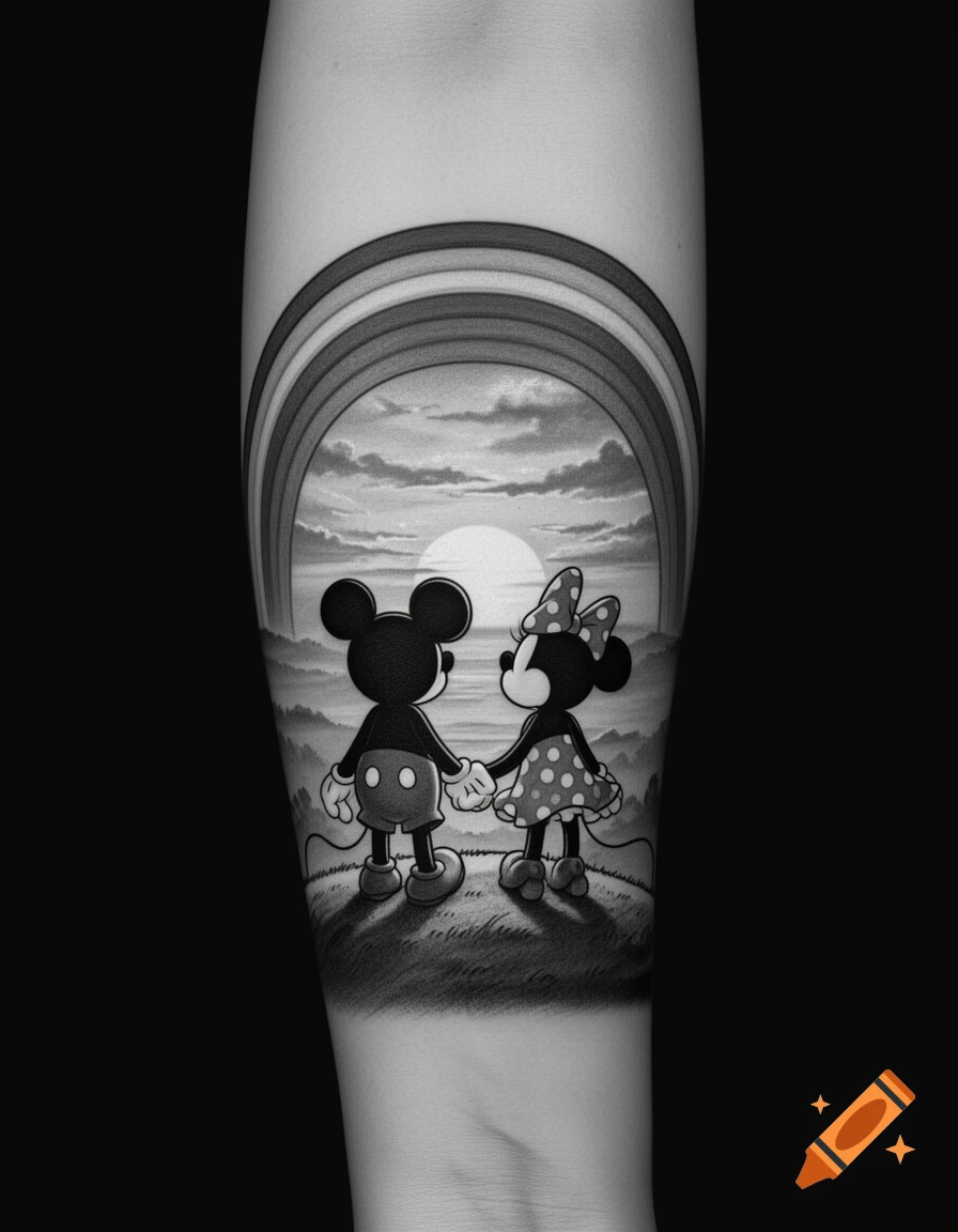 Black and white tattoo of Mickey and Minnie Mouse holding hands, seen from behind, standing on a hill watching a sunset and a rainbow.