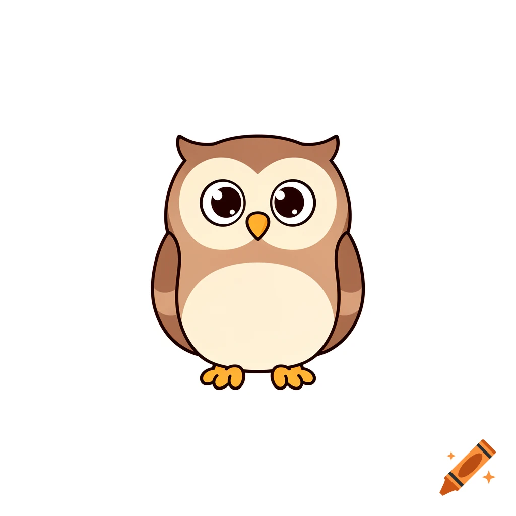 A cute brown cartoon owl with large eyes and a small orange beak stands on a white background in vector art style.