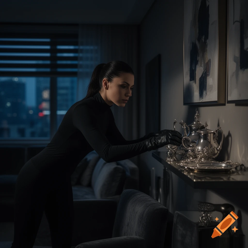 A woman in a black jumpsuit and gloves leans over a table with ornate silver teaware in a dimly lit room at night, with a city view outside.