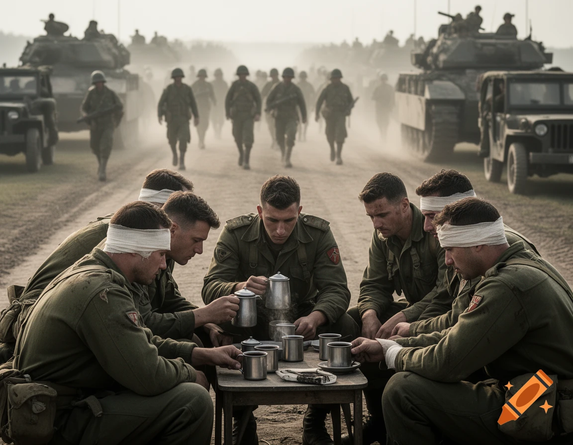 WWII soldiers, some with head bandages, drink coffee at a small table as other soldiers and military vehicles march in the dusty background.