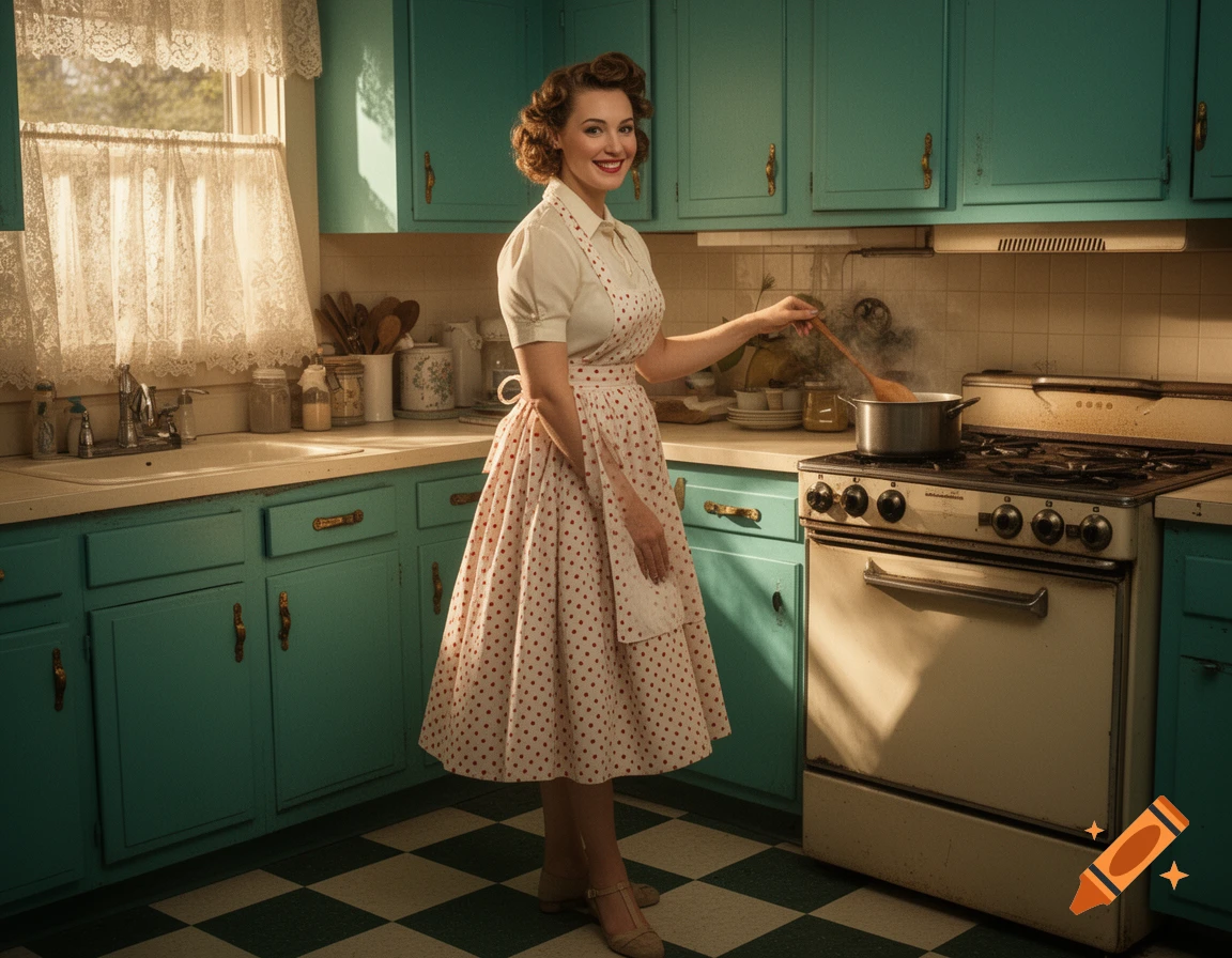 A smiling woman in a vintage-style polka dot apron and dress stirs a pot on a stove in a retro kitchen with teal cabinets.