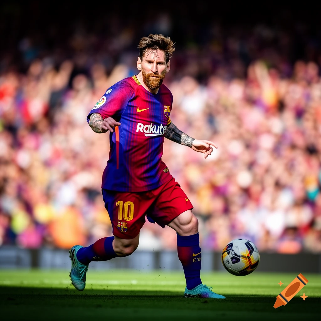 Photorealistic image of a bearded male soccer player in a blue and red uniform with number 10, dribbling a ball on a green field in a stadium.