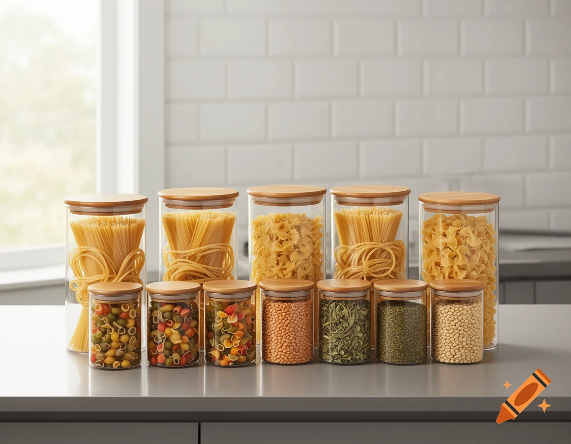 Photorealistic image of glass storage jars with bamboo lids filled with pasta, lentils, and spices on a kitchen counter.