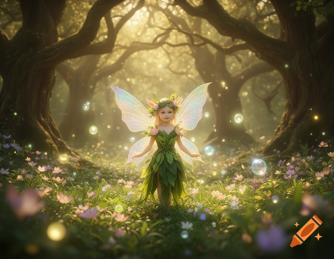 A whimsical fairy child with iridescent wings and a leaf dress stands in a magical forest clearing filled with glowing orbs and pink flowers.