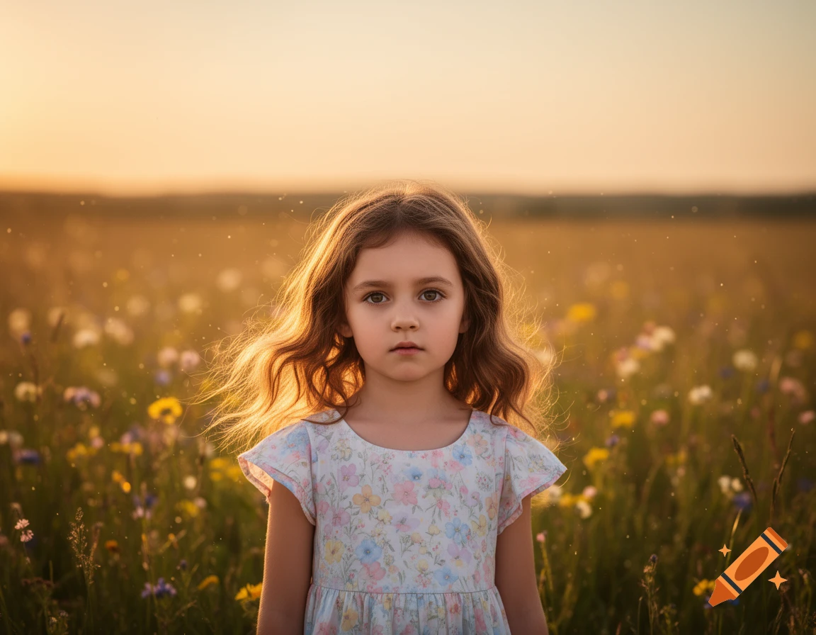 A young girl with long, wavy hair stands in a sunlit field of wildflowers at sunset, looking forward.