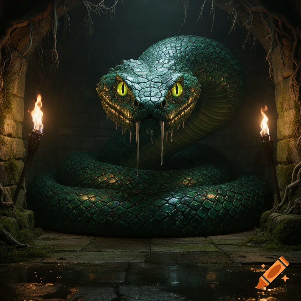 A large, detailed green basilisk with glowing yellow eyes coils in a dark, torch-lit stone chamber.