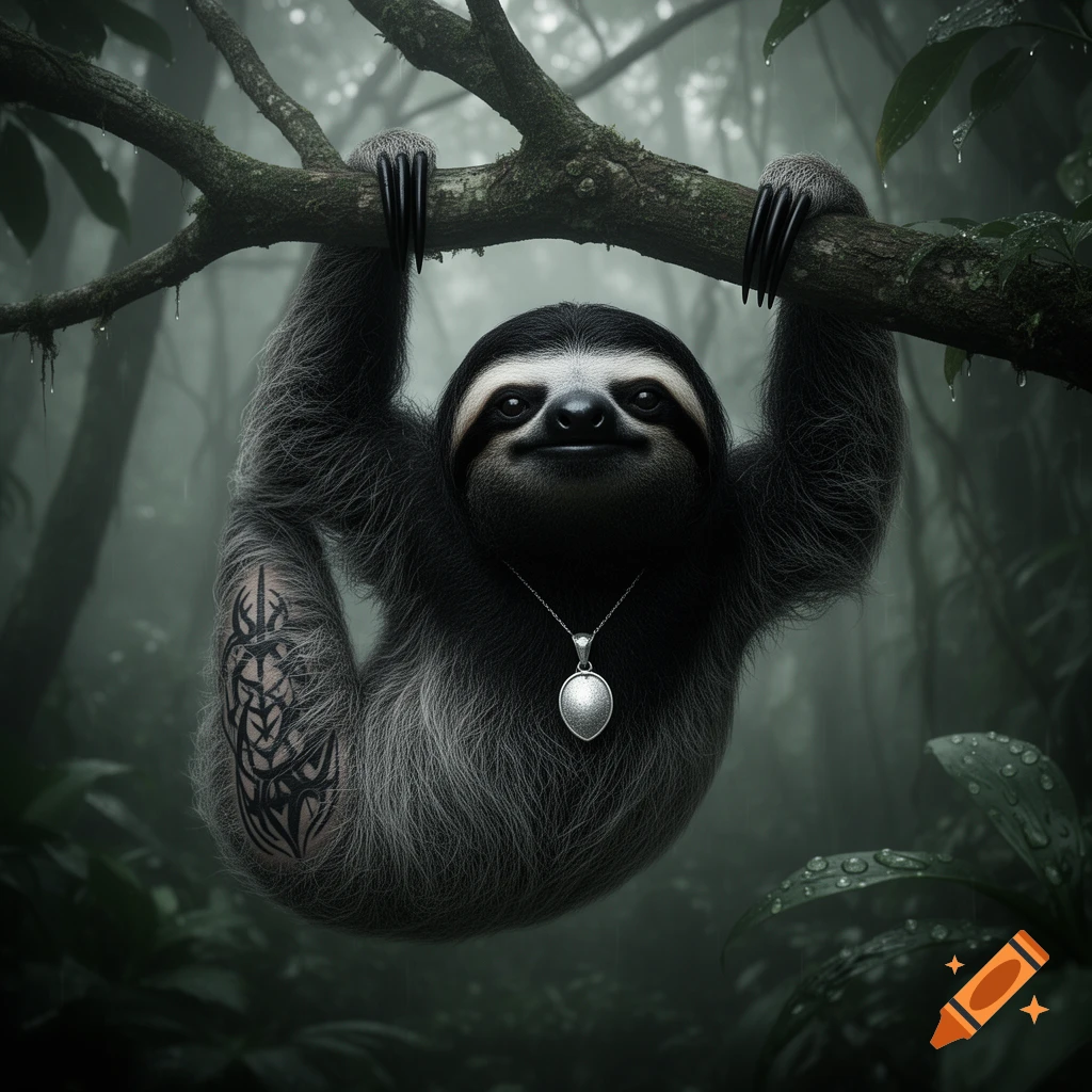 A dark, moody image of a sloth with a tribal tattoo and a silver pendant hanging from a mossy branch in a misty jungle.