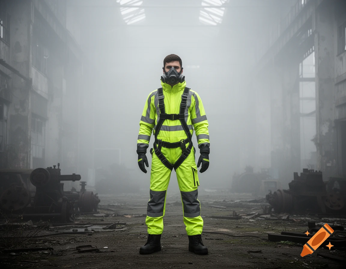 A young man in a neon yellow high-visibility overall, black safety harness, and gas mask stands in a misty, abandoned factory.