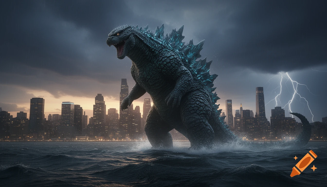 Photorealistic image of Godzilla emerging from a stormy city bay with lightning striking in the dark sky.