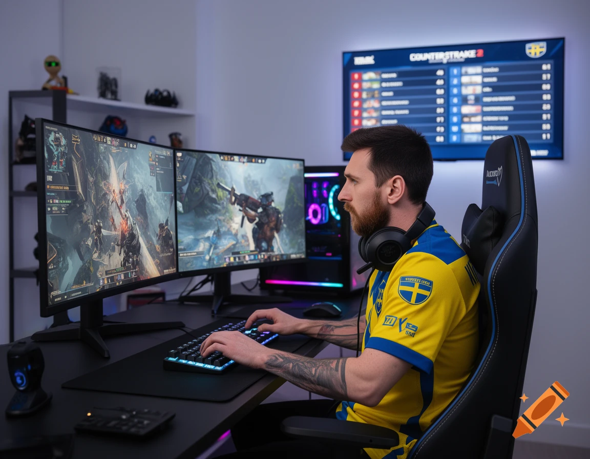 A man resembling Lionel Messi, wearing a yellow Sweden jersey, intensely plays Counter-Strike 2 at a multi-monitor gaming setup.
