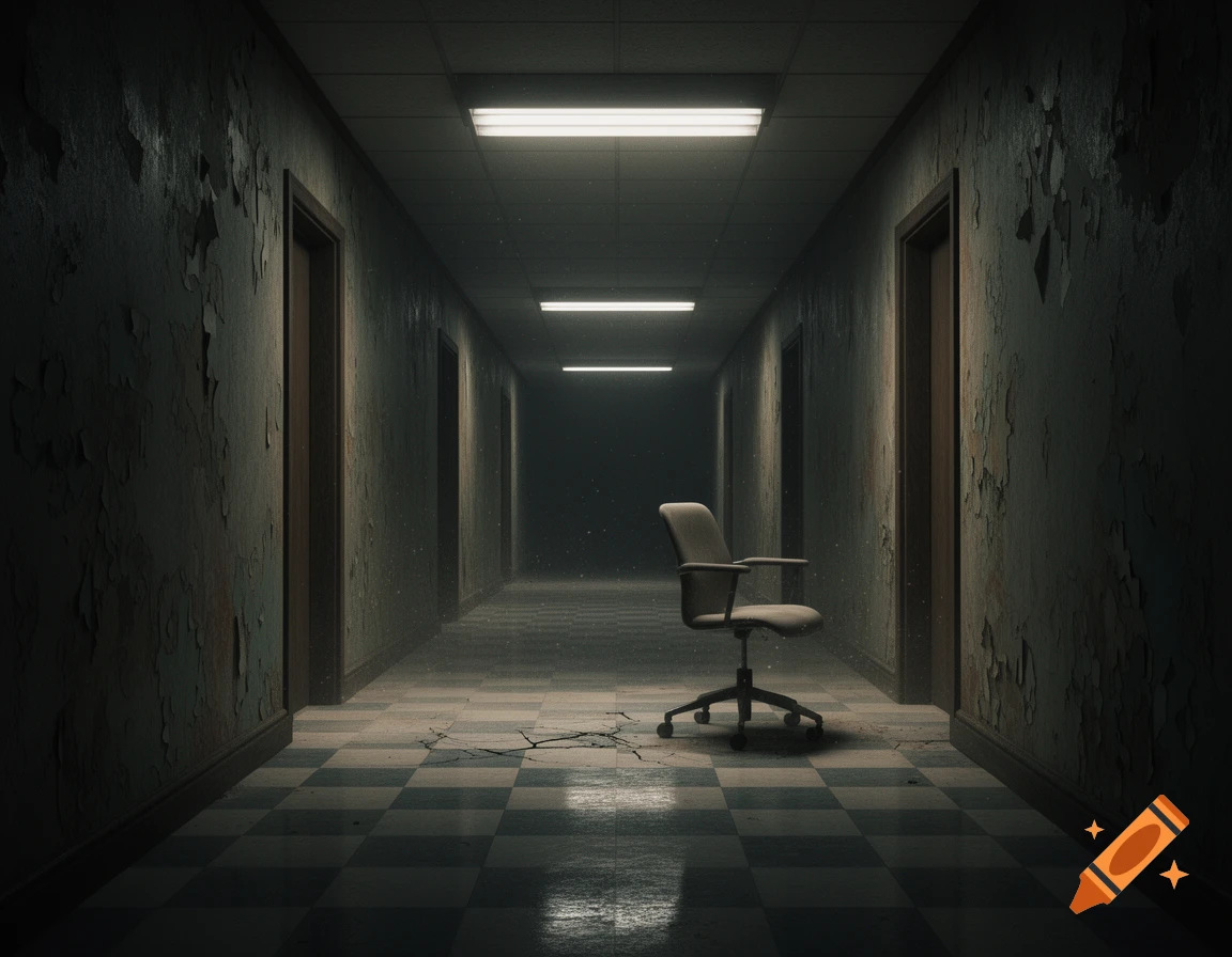 A long, dark, decaying corridor with peeling walls, a cracked checkered floor, and an office chair in the middle, lit by fluorescent lights.