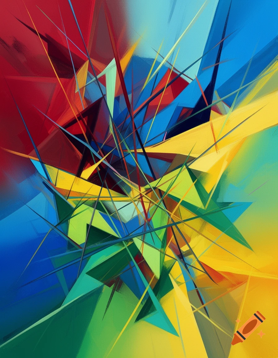 Abstract art with sharp geometric shapes and lines in red, blue, yellow, and green, creating a dynamic, fractured composition.