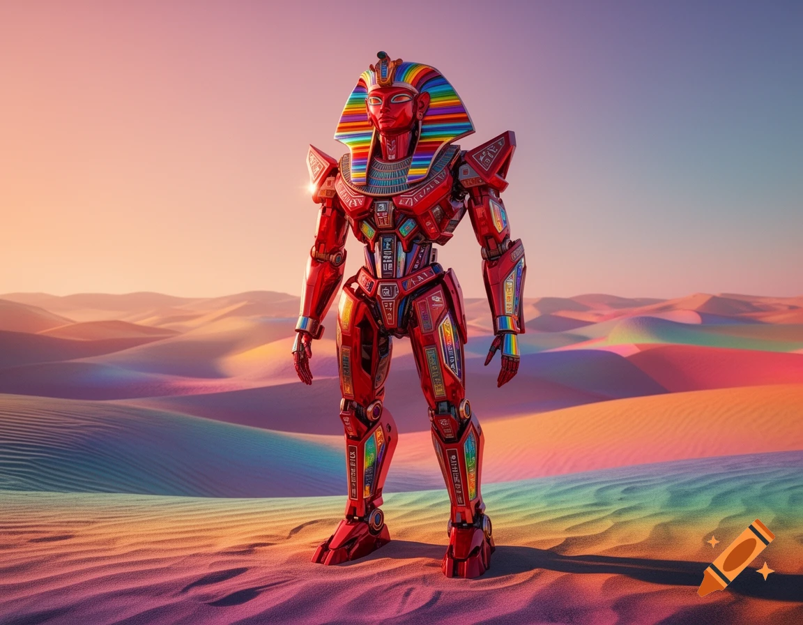 A red and rainbow-colored robot, designed with elements of Egyptian mythology, stands in a vividly prismatic desert under a clear sky.