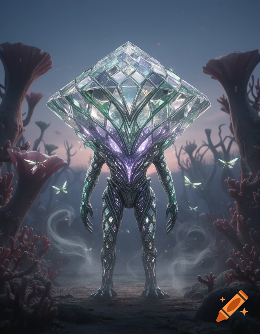 A bipedal alien creature with a large, multifaceted crystal head and glowing body stands in an otherworldly landscape with strange flora.