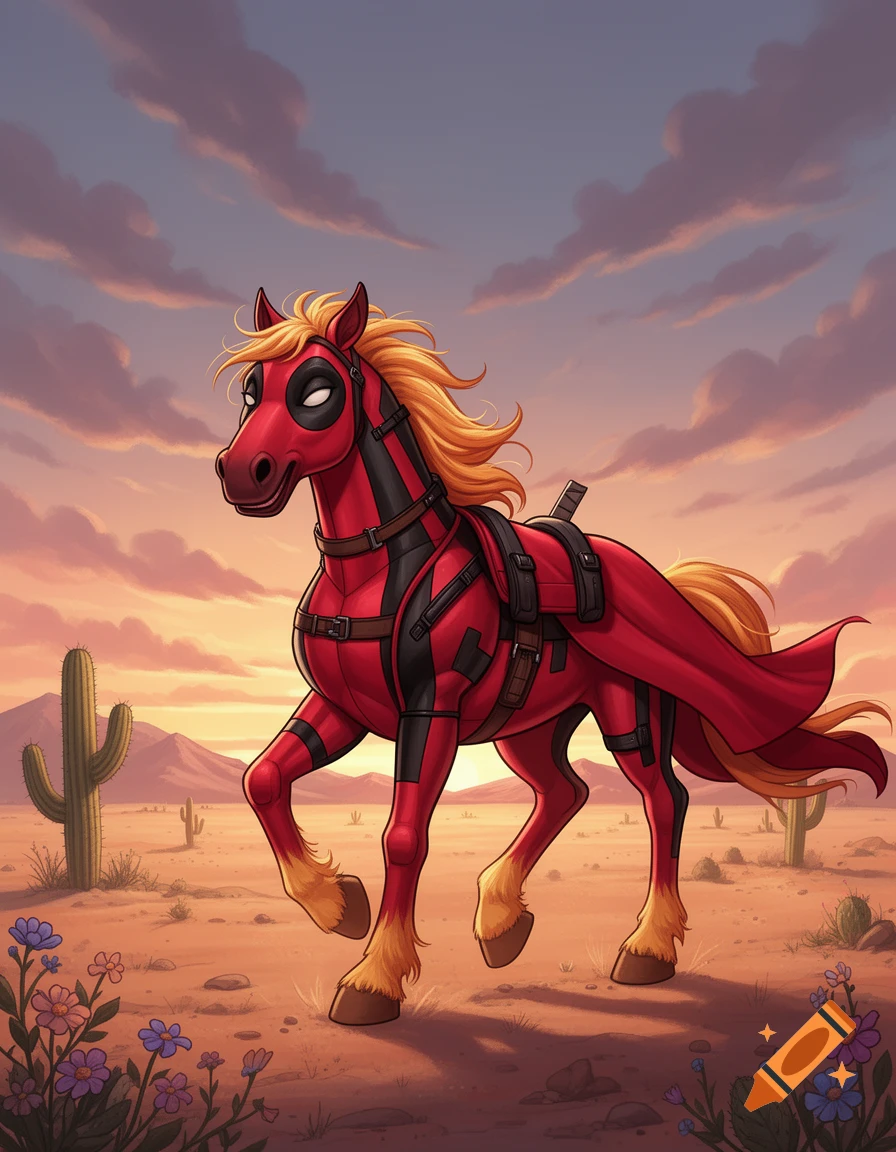 A cartoon horse dressed in a red and black Deadpool costume trots through a desert landscape with cacti under a sunset sky.