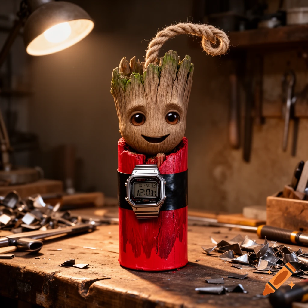 A cute, smiling Groot figure in a wooden pot, disguised as a red stick of dynamite with a digital watch on a dark workbench.