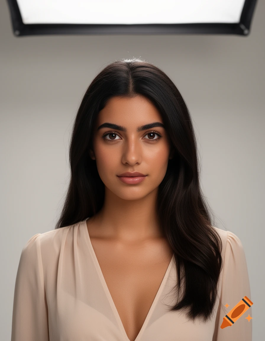 Photorealistic portrait of a young woman with dark hair and eyes, wearing a light v-neck top, looking forward.