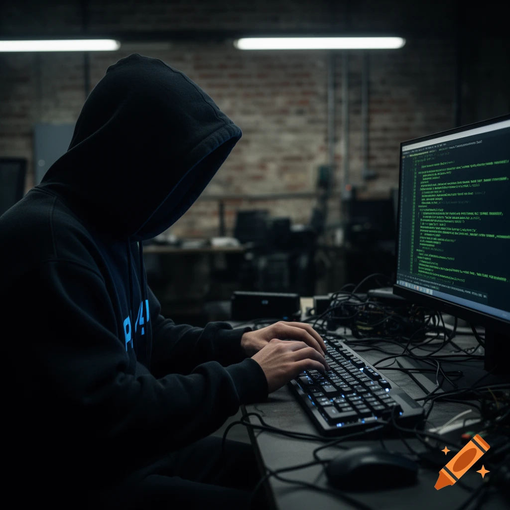 A hooded figure in a dark room types on a glowing keyboard in front of a monitor displaying garbled green code, surrounded by wires.