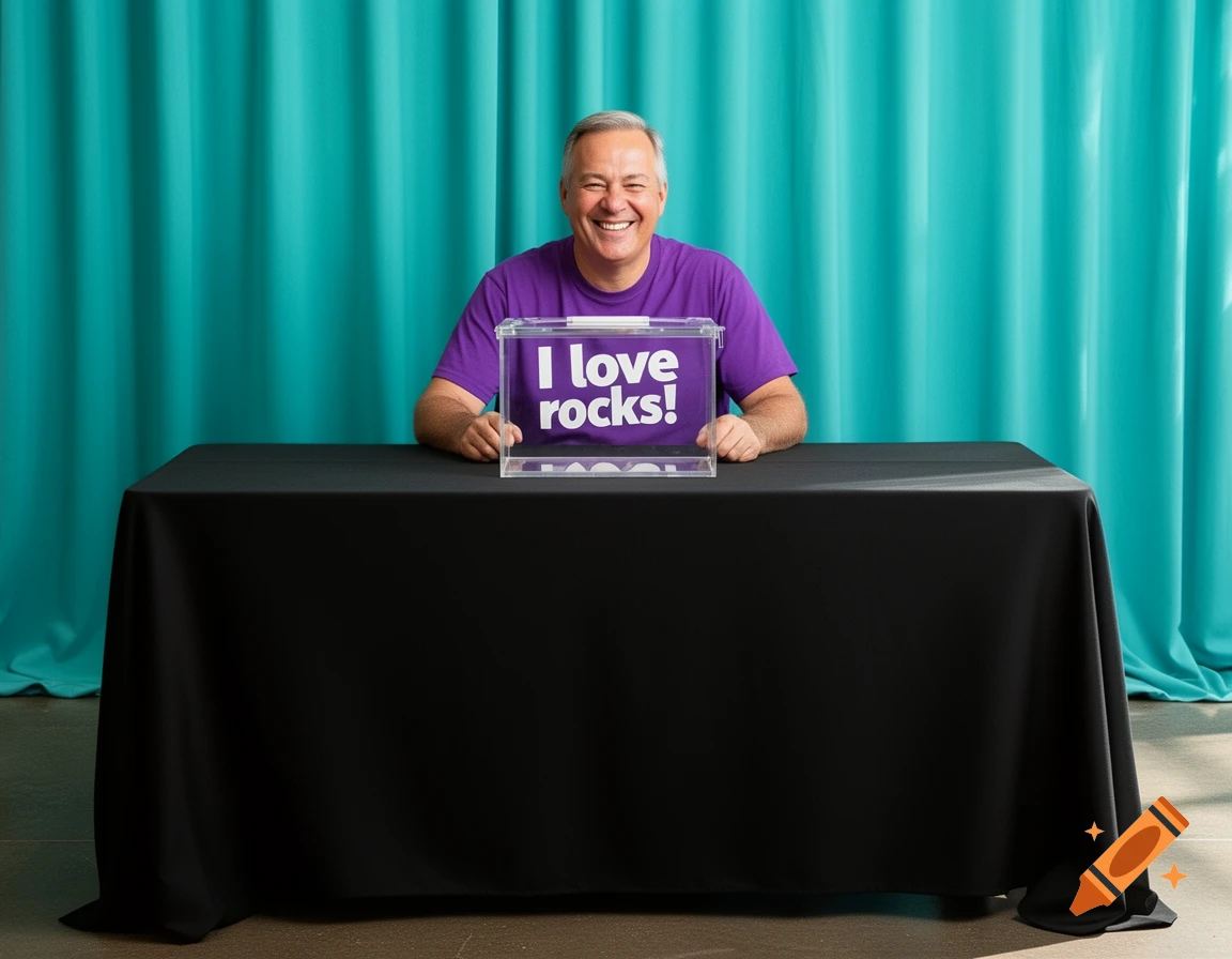 A smiling man in a purple t-shirt with 'I love rocks!' printed on it sits behind a black table with a clear box on top, against a turquoise curtain backdrop.