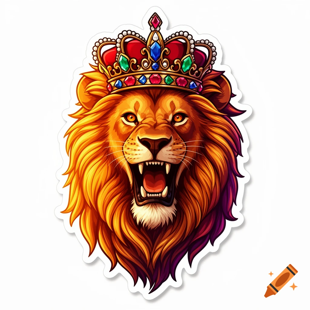 A colorful, cartoon-style roaring lion with a golden crown adorned with jewels, depicted as a sticker on a white background.